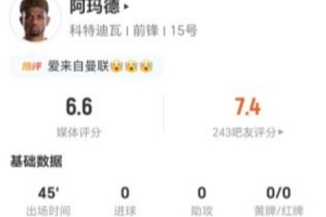 半场被换下！阿玛德3射0正 1过人+0关键传球 8对抗5成功 获6.6分